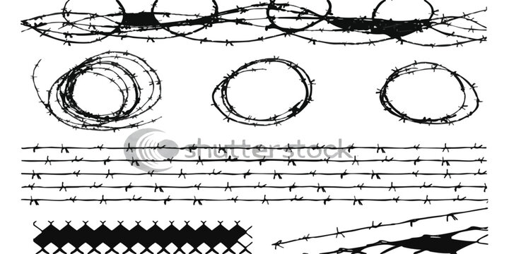 Set of black barbed wire elements and coils for security and border fence design