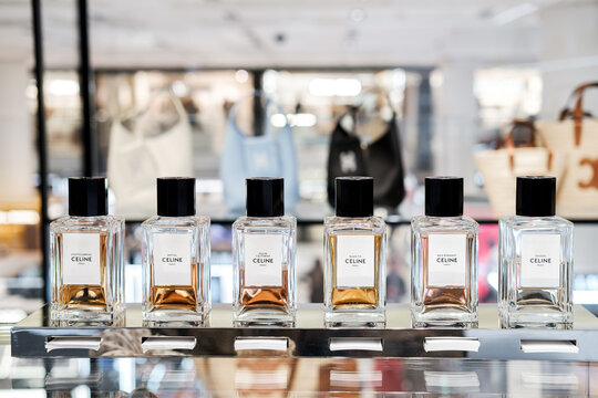Luxury Celine Perfume Bottles on Glass Display in High-End Department Store Fragrance Counter Milan Italy May 14, 2026
