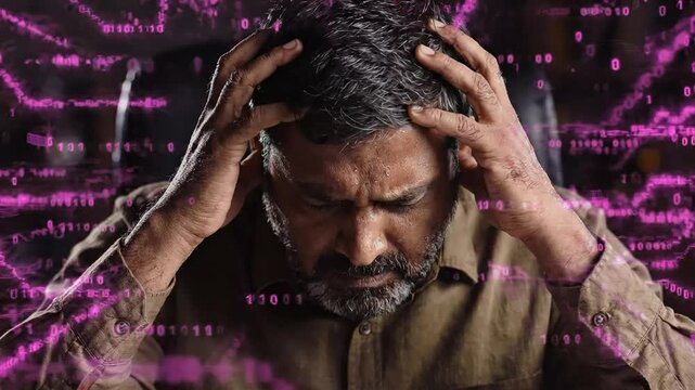 Man suffering severe panic attack and mental stress from information overload and digital technology pressure. Overwhelmed male dealing with anxiety, burnout, and data stream concept.