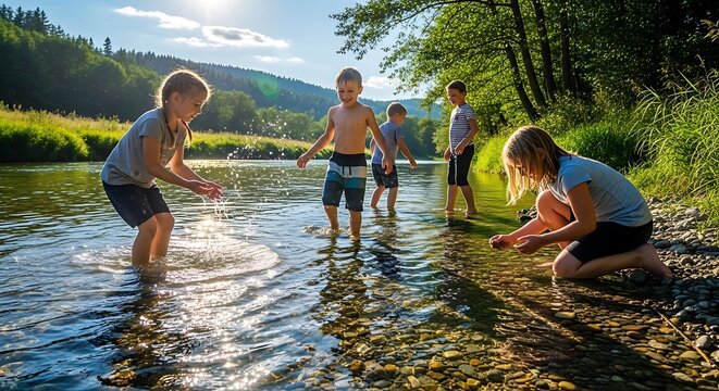 Children playing in river on summer.
