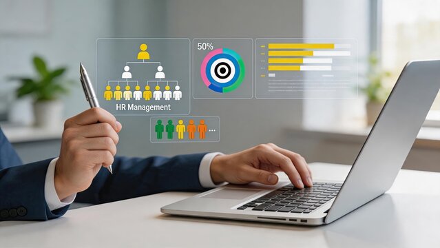 Professional working on laptop with HR management holographic display, organizational chart structure, employee recruitment and team building concept, human resources data
