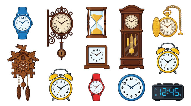 Vibrant vector illustration collection featuring various types of classic and modern timekeeping devices and clocks
