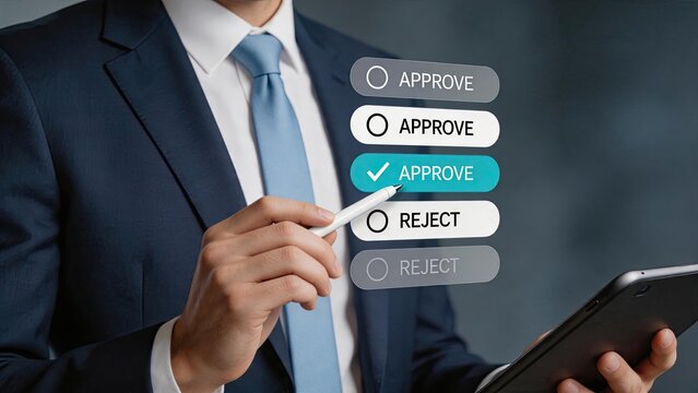 Hand selecting approve option on digital interface, decision making process, authorization confirmation, agreement signing, contract approval workflow, business administration