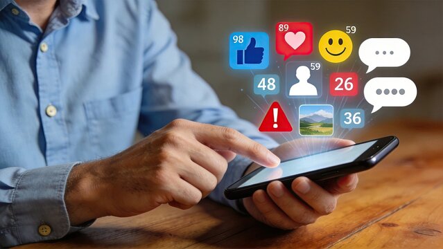 Person using smartphone with floating social media engagement icons, digital marketing concept displaying likes, hearts, comments, shares, followers, notifications and alerts for