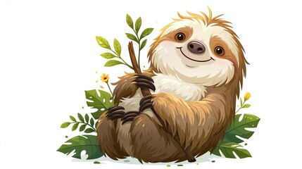 Fototapeta premium Friendly cartoon sloth smiles, sitting down. Great for kids' posters and pictures.