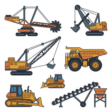 Illustrated heavy machinery set excavators, bulldozers, and dump trucks for construction, mining, and earth-moving. Powerful industrial equipment vector collection