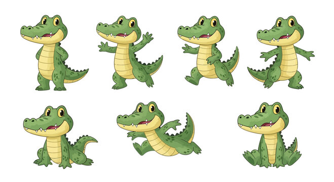A delightful collection of cute cartoon crocodiles and alligators, each depicted in various playful and dynamic poses, ideal for children's books, educational materials, and fun animal-themed designs