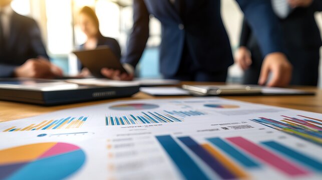 Business meeting with financial charts and data analysis.