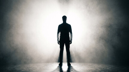 Fototapeta premium A mysterious man stands perfectly still in a powerful silhouette featuring sharp edges and dark tones captured with high contrast lighting in a cinematic style.