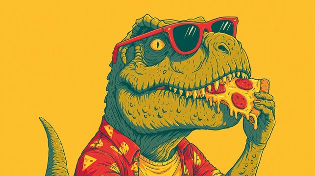 Funny dino munches pizza in a cartoon style, looking cool in sunglasses.