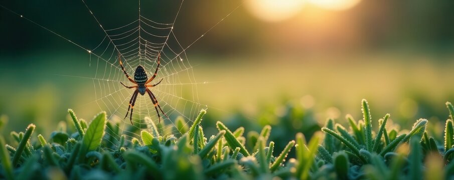 Misty morning, spiderweb glistening with dew on frosted grass , white, fog