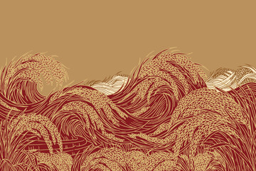 Hand drawn Japanese inspired rice field landscape with engraving texture. Flowing grain forms and layered farmland create a decorative Asian rural scene in folk art style. © Dear Reader