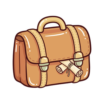 Brown leather briefcase with scrolls and a handle for carrying documents and papers