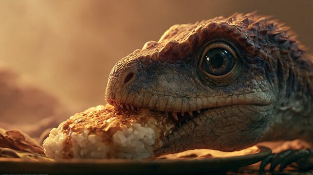 Small dinosaur chomps on food.
