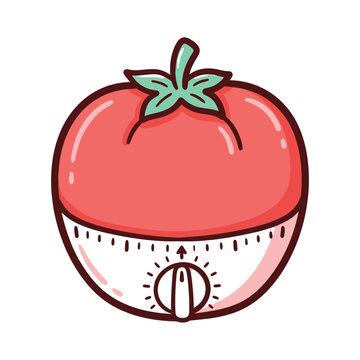 Cute cartoon tomato kitchen timer with dial and markings for cooking and baking food