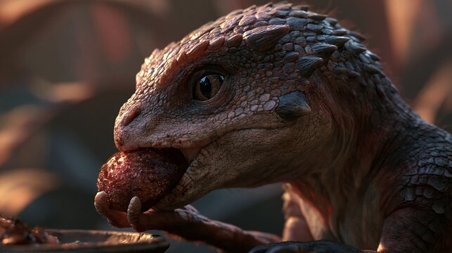 Small dinosaur chomps on food.