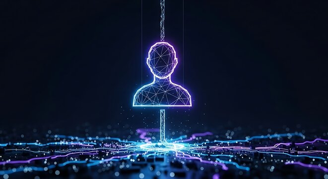Digital identity theft concept featuring a glowing human silhouette caught by a fishing hook above a complex network of data lines and circuitry