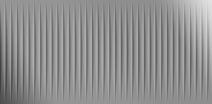 Close up view of evenly spaced vertical blinds displaying a sharp, repeated pleat pattern creating subtle shadows and light contrast across the surface on white background. on white background