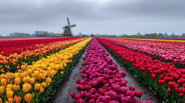 Rolling tulip fields in the Netherlands with perfect rows of red, yellow and pink flowers, traditional windmill visible in the background 