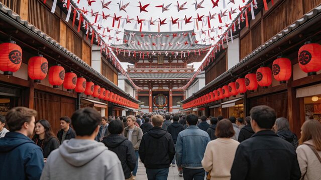 Crowd of people walking through traditional Japanese street decorated with red lanterns and origami cranes, cultural tourism scene at historic temple district with authentic
