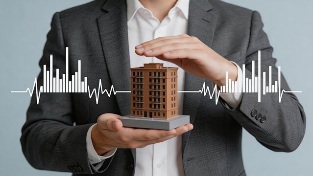 Businessman protecting building model from earthquake, seismic waves graphic overlay, property insurance concept, construction safety and structural engineering stability analysis