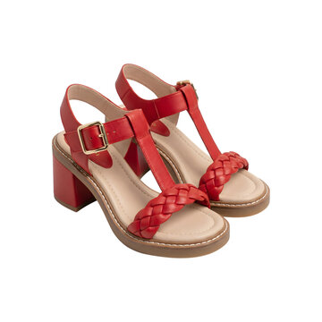 Red braided leather block heel sandals isolated on transparent background