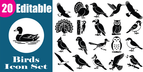 Obraz premium Set of 20 black and white bird icons isolated on transparent background, Vector
