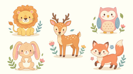 Naklejka premium Cute woodland animals vector illustration set for kids