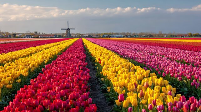 Rolling tulip fields in the Netherlands with perfect rows of red, yellow and pink flowers, traditional windmill visible in the background 