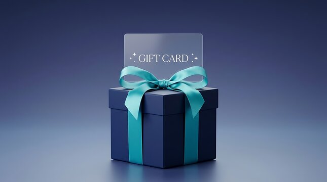 Elegant gift card on dark blue present box, luxury glass voucher with teal ribbon, premium shopping reward and holiday surprise concept