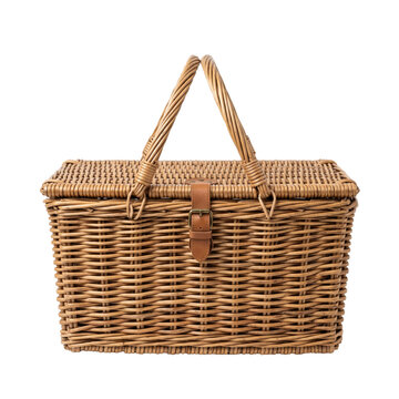 Woven rectangular wicker picnic basket with leather buckle closure