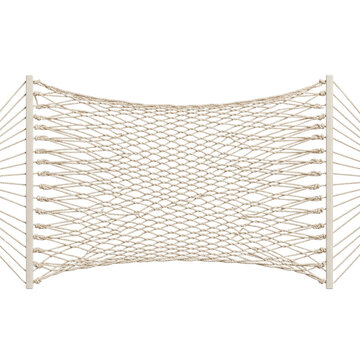 Woven rope net hammock with wooden spreader bars
