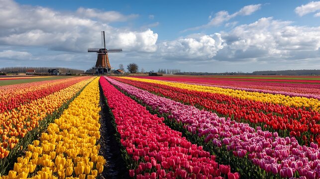 Rolling tulip fields in the Netherlands with perfect rows of red, yellow and pink flowers, traditional windmill visible in the background 