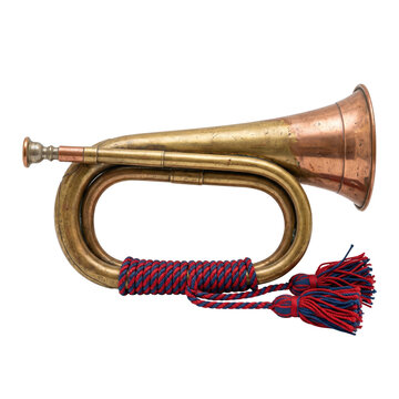 Vintage brass bugle with red and blue rope tassels