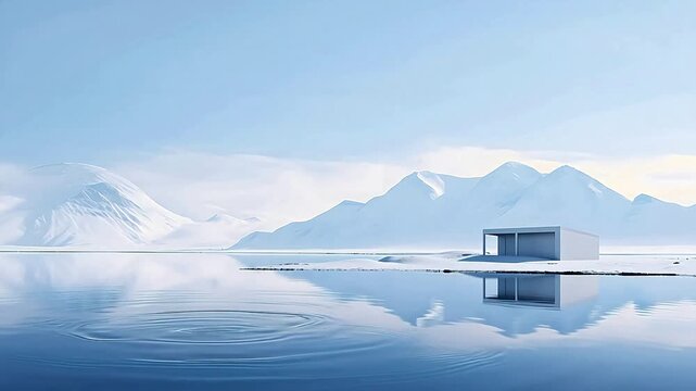 Digital white snow mountains and water surface architectural scenes background