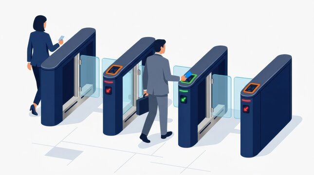A security guard observes individuals using a gate for entry while checking their credentials, ensuring safety protocols are followed.