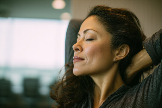 Hispanic professional woman stretching in office wellness room. Realistic work-life balance and stress relief scene.Elderly latin woman, senior neck stretch in office, self care moment, work life bala
