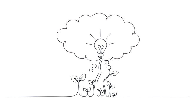 Growing Idea: Seedlings sprout a lightbulb in a thought bubble, symbolizing innovation