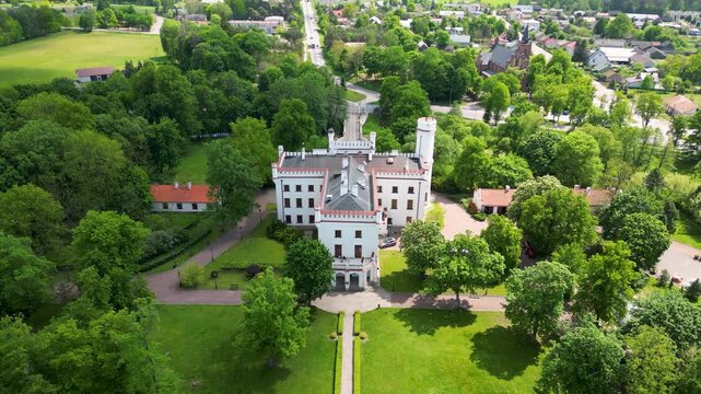 Aerial drone video of palace in Starawies village near Wegrow city, Mazovia region, Poland