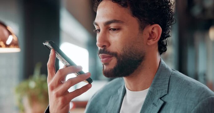 Businessman, talk and speaker phone in office with voice note, marketing plan and feedback for project. Person, recording online chat and smile in agency with tech, contact and brand campaign update.
