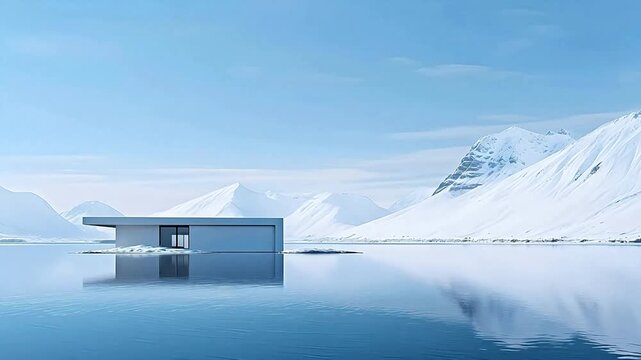 Digital white snow mountains and water surface architectural scenes background