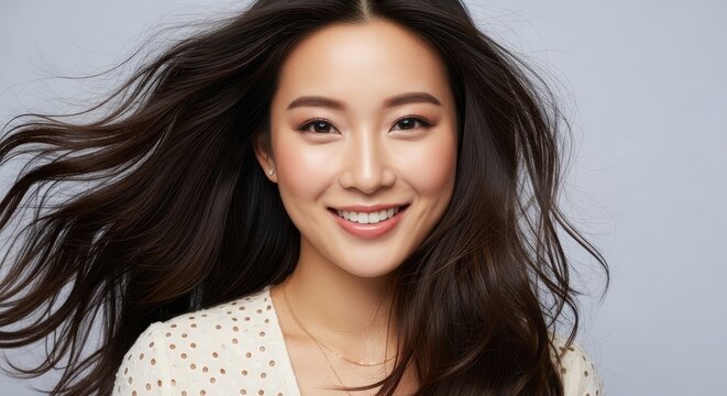 Beautiful asian woman with long dark hair and a bright smile