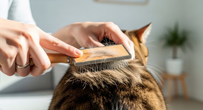 Woman grooming cat with slicker brush. Owner brushing feline fur to remove loose hair. Domestic animal care at home. Pet hygiene and maintenance concept for healthy happy pet.