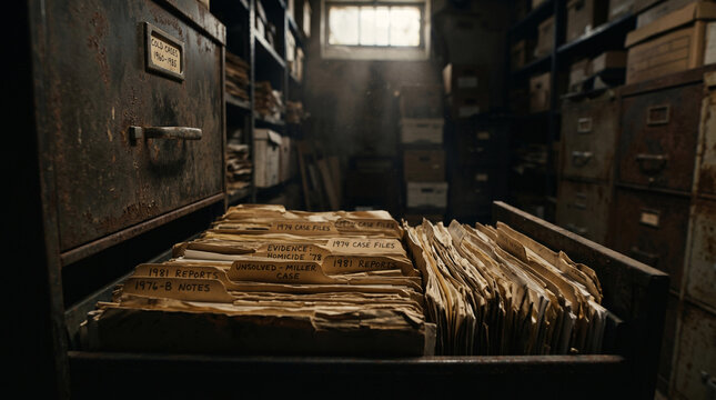 Open rusted metal filing cabinet drawer filled with organized aged manila paper folders featuring handwritten labels and important documentation stored in a dark vintage detective office.