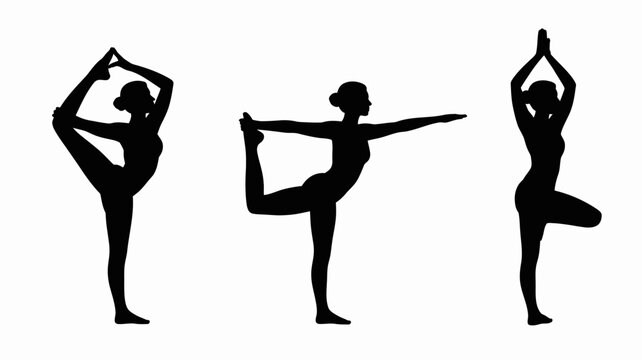 Three yoga poses silhouette vector illustrations standing in a balanced stance