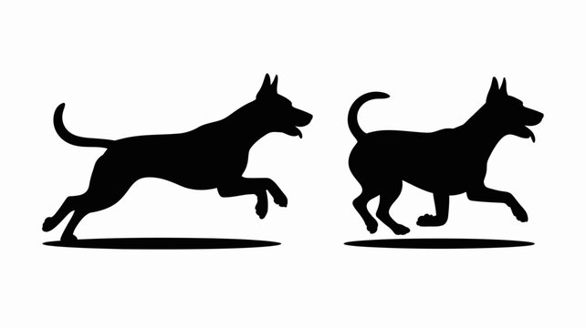 Black silhouette dog running and walking side by side