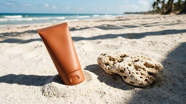 Brown sunscreen tube standing on the sandy beach next to coral stone under palm leaf shadows representing essential sun protection and skincare during tropical summer vacation travels.