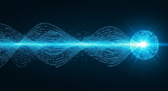 Abstract digital data stream flowing into a glowing sphere concept with binary code particles against dark background for modern technology or network communication