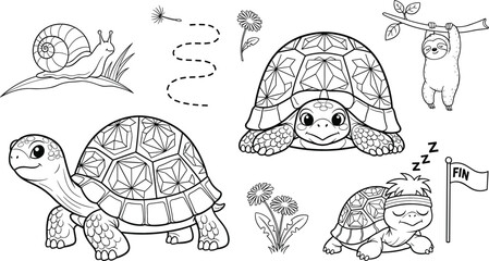 Cute Slow Animals Line Art Vector Set with Turtle Sloth Snail and Dandelion Flowers Coloring Page Elements © MdAungur