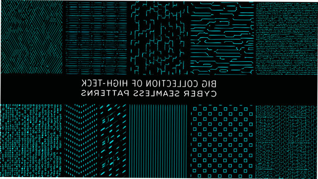 grid of twelve high tech cyber seamless patterns high tech digital technology abstract geometric lines dots squares waves arrows circles matrix binary